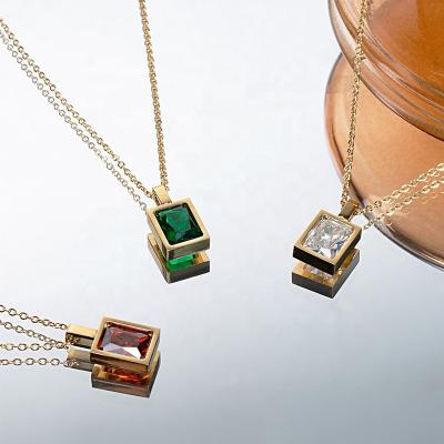 China Romantic Fashion Geometric Square Cubic Zirconia Pendant Necklace Luxury CZ Stainless Steel Link Chain Collars Wedding Jewelry Gift for sale