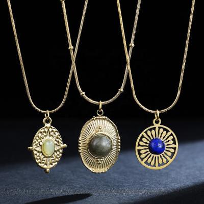 China TRENDY Vintage Natural Stone Geometric Round Pendant Necklace for Women Classic Stainless Steel Snake Chain Necklaces Bohemia Jewelry for sale