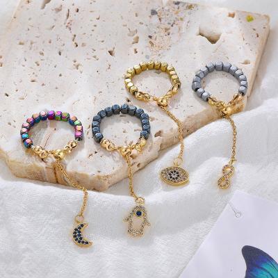 China BOHEMIA Fashion Colorful Square Stone Hematite Beads Ring for Women Vintage Link Chain Moon Palm  Eye Zircon Charm Rings Accessories for sale