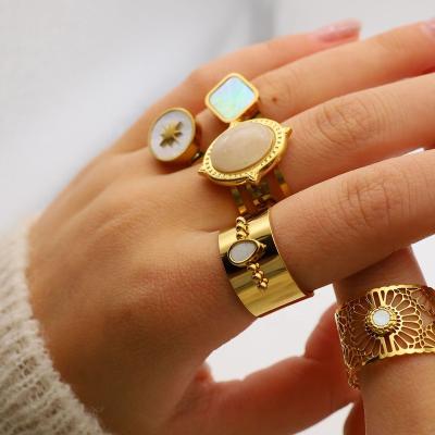 China TRENDY Vintage White Shell Natural Stone Open Rings for Women Creative Metal Gold Color Stainless Steel Ring Statement Female Jewelry for sale