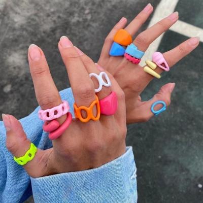 China TRENDY Korean Fashion Irregular Geometric Hand-painted Rainbow Stack Rings for Women Girls Creative Rings Party Jewelry for sale