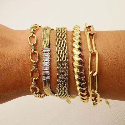 China TRENDY Creative Metal Stainless Steel Croissant Open Cuff Bangle Bracelet for Women Gold Color Watchband Snake Link Chain Bracelets for sale