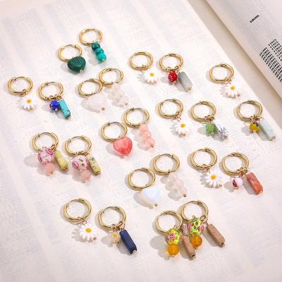 China TRENDY Handmade Crystal Natural Stone Pendants Drop Earrings for Women Stainless Steel Circle Earring for sale