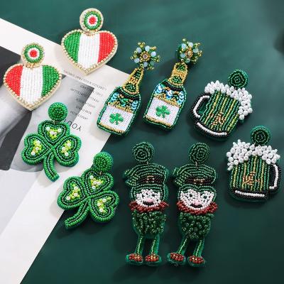 China TRENDY Lucky Heart Shamrock Beer Glass Leprechaun Drop Earrings Handmade Beaded Green Earring for Women for sale