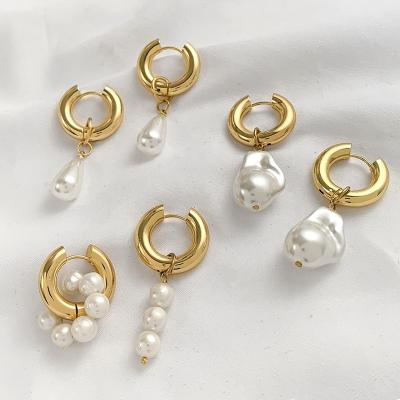 China TRENDY Classic Pearl Round Baroque Shape Pendant Hoop Earrings for Women Stainless Steel Circle Earring for sale