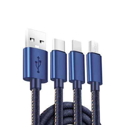 中国 3A Fast Charging USB Cable Free Shipping Denim Braided 3 in 1 for 8pin Micro Type C Charging and Data Sync Cable 販売のため