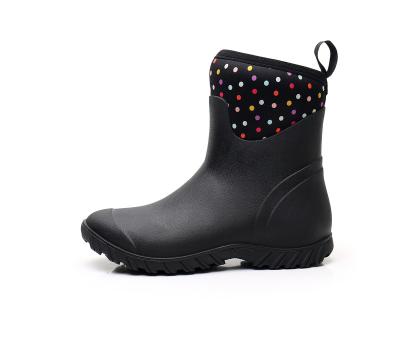 China Cushioning Neoprene Rain Boots Dot Print Comfortable High Quality Mid Rise Lining For Women for sale