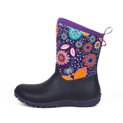 China Cushioning Colorful Printing Neoprene Rubber Boots Fashion Women Knee High for sale