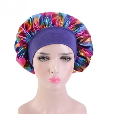 China Eco-Friendly Wholesale Laser Silk Satin Logo Double Layer Bling Custom Rose Sleep Hair Caps For Women for sale