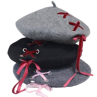 China Hot Selling Picture Bandage Tie Style Beret Hat Dark Red French Beret for sale