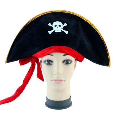 China Character Halloween Party Felt Hats Pirate Captain Adult Pirate Hat Caribbean Accessory Gold Color Brim Hats Black Costume Crazy Hat for sale