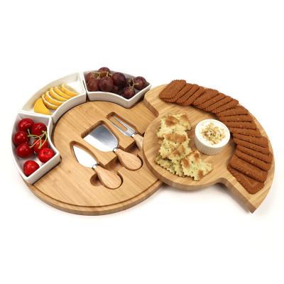 China Sustainable Natural Bamboo Cheese Board And Knife Set Modern Cheese Cutting Board Displays Charcuterie Platter for sale