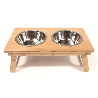 China Sustainable Raised Dog Cat Food And Water Bowls Bamboo Stand Up Feeder Wooden Bowl Raised Rack Double for sale