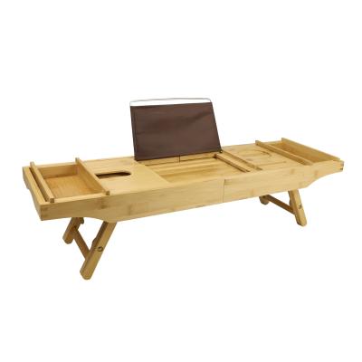 China Sustainable Bamboo Bathtub Trolley Wood Bath Tray Laptop Table Bed Desk Bathroom Shower Cart for sale