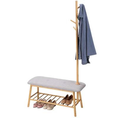 China Bamboo Shoe Rack Coat Rack with Soft Padded Shoe Bench Features Slatted Shelf and 5 Hooks Shoe Bench for sale