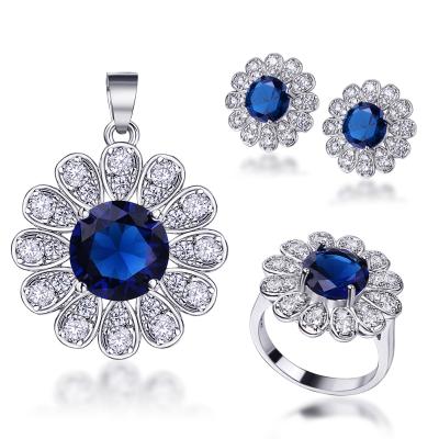 China Newest Fashon Style Flower Necklaces Silver Colorful Earrings Rings 3 Jewelry Sets For Women for sale