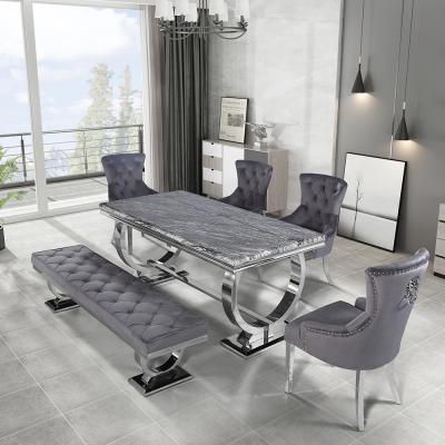 China 1 Modern Design Stainless Steel Hotel Dining Furniture Table Chair Set 6 Seater Home Restaurant Marble Dining Table Set for sale