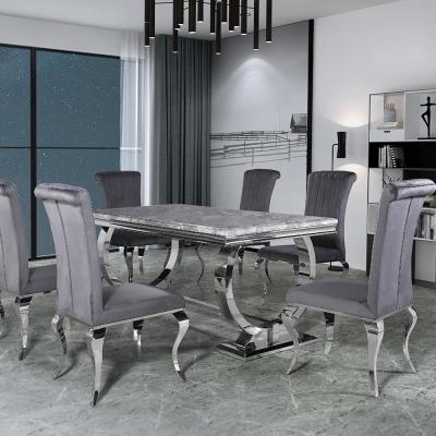 China 1 Custom Fashion Luxury Hotel Restaurant Furniture SS 6 Seater Dining Table Chairs Set Home Dining Room Marble Top Set for sale