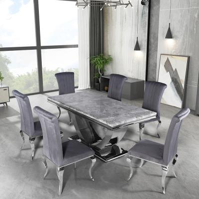 China 1 Custom Villa Restaurant Furniture 6 Seater Dining Table Chairs Set Stainless Steel Home Marble Top Dining Set for sale