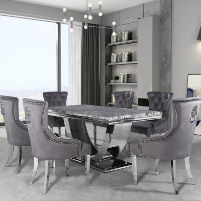 China 1 Specific Design Dining Room Set Home Furniture General Use Stainless Steel Chair Marble Top Dining Table Set With 6 Seater for sale