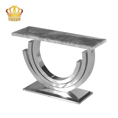 China 1 Foshan Furniture Home Hotel Use Stainless Steel Lobby Hallway Console Metal Silver Artificial Marble Top Table Table for sale