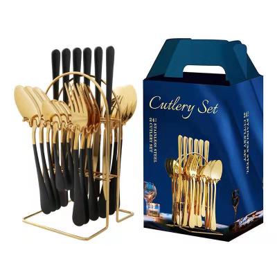 China Viable Black Gold 24 Pcs Stainless Steel Silverware Flatware Cutlery Set With Stand Gold Cutlery Set With Box for sale