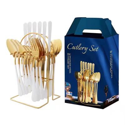 China Viable White Gold Stainless Steel Silverware Flatware Cutlery Set 24 Pcs With Rack Gold Cutlery Set With Box for sale