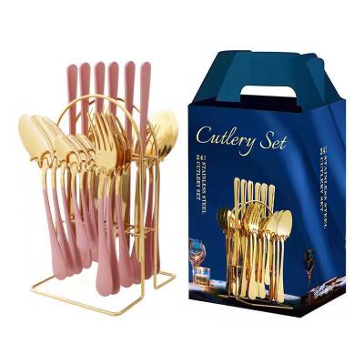 China Viable 24 Pcs Stainless Steel Silverware Flatware Cutlery Set With Holder Gold Cutlery Set With Box for sale