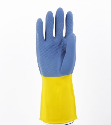 China Bi-color  industrial rubber gloves / blue over yellow industrial latex glove for sale