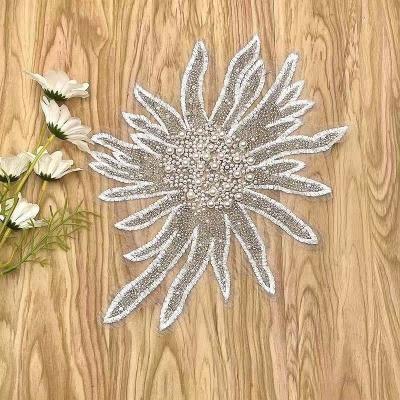 China handmade 3D seed lace patch embroidery bead floral bead lace applique for sale