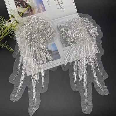 China 3D Tulle 3d flower lace fabric embroidered wing patch rhinestone pearl applique elegant for sale