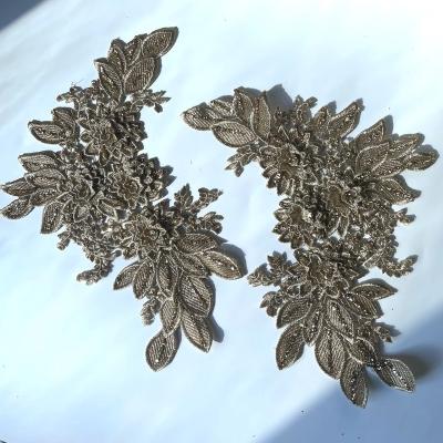 China 3D Embroidery 3d Beaded Metallic Floral Patch Gold Flower Lace Applique for sale