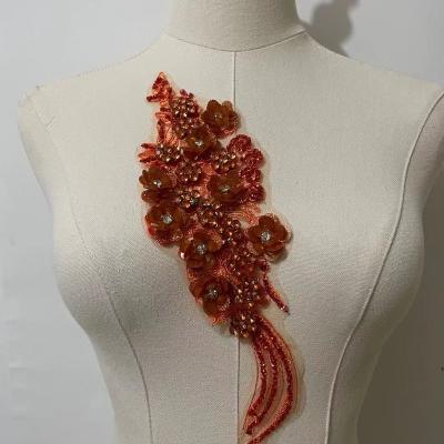 China 3D Burnt Orange Peacock Tail Wedding Dresses Veil Tutu Dress 3D Sequin Beaded Fabric Flower Lace Applique for sale