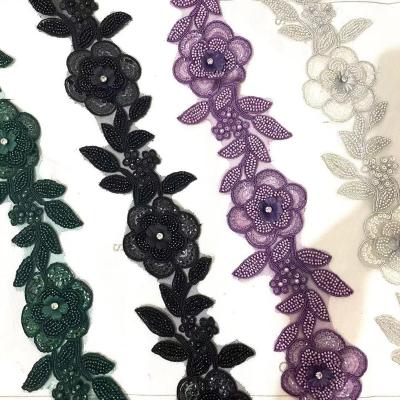 China Sequin 3D Sequin Embroidery Workable Floral Beaded Ribbon Lace Trim.border lace pearl beaded lace trimming for sale