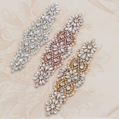 China Garment Accessary Hotsales Rhinestone Embellishment, Wedding Pearl Beaded Applique Crystal Sash Bridal Applique for sale