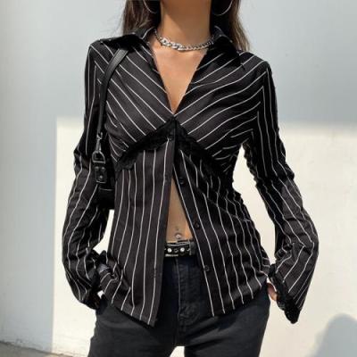 China New Breathable Wholesale Loose Thin Clothing Ladies Crop Top Women Long Sleeve Shirt Black Striped for sale