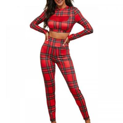 China Breathable Luxury Clothing 2021 Ladies Casual Sportswear Women Set Plaid Red for sale