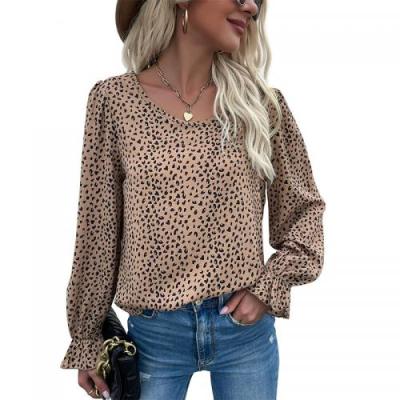 China Breathable Casual Clothes 2021 Women Long Sleeve Blouses Leopard Print Khaki for sale