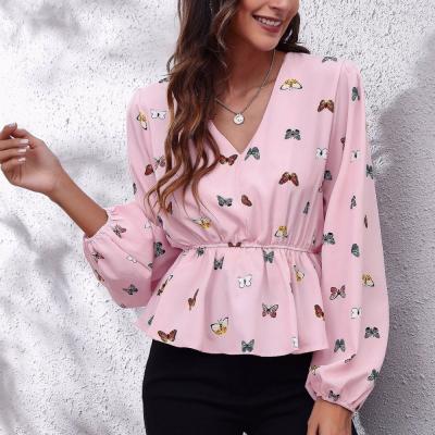 China Breathable Ladies Casual Clothes Slim Women Long Sleeve Blouses Chiffon Printed for sale