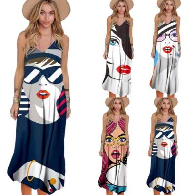 China Backless Printed Casual Dresses 659498 Women Summer Sleeveless Polyester Slip Dress Long Style Breathable Long for sale