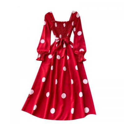 China Breathable Polka Dot Polyester Long Collar Dress Size Controlled One Piece Backless Square Dress 678681 for sale