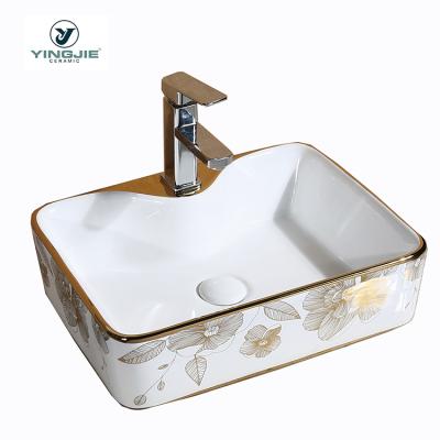 China Tropical Victorian Japanese Chinese French Elegant Art Basin Electroplating Pattern Ceramic Countertop Wash Bathroom Sink for sale