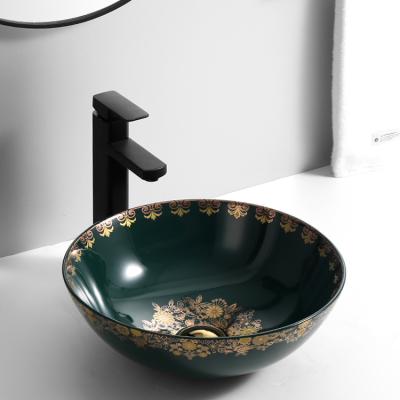 China Single Classic Classic Gold Plated Fired Glazed Green Color Round Sanitary Bathroom Sink Ware Hand Wash Basin for sale