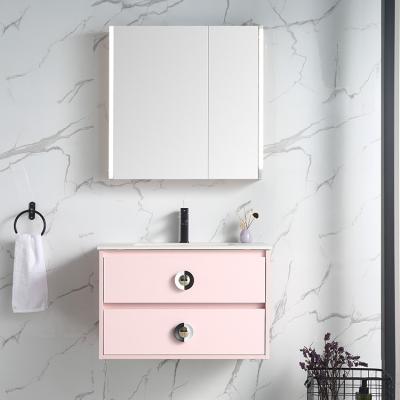 China Modern Luxury European Bathroom Cabinet Furniture With Stone Wash Basin Pink Sintered Vanity Set for sale