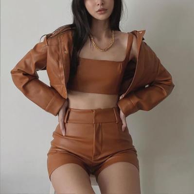 China 2022 QUICK DRY sexy crop leather two-piece bra crop top QUICK DRY women fashion woman street wear shorts top sets for sale