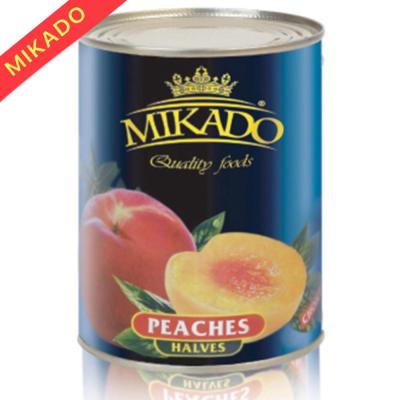 China Canned fruits Mikado brand canned yellow cubes or slices of peach halves in syrup for sale