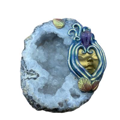 China Europe Hot Selling Blue Quartz Geode With Fairy Spirit Hand-Carved Face Crystal Stones Mineral Cave For Housewarming Gift LC081809 for sale