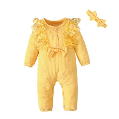 China 100% Cotton Female Baby Girl Overalls With Headband Rompers Soft Fall 3-6 Months Baby Clothes for sale