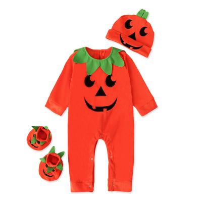 China 100% Cotton Three Piece Halloween Costume Cute Baby Unisex Pumpkin Shape Newborn Rompers Long Sleeve Costume Kids Orange Pumpkin Costumes for sale