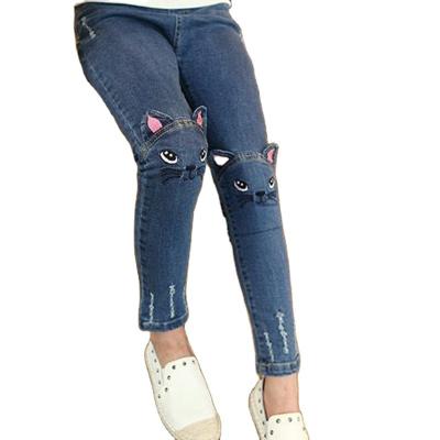 China QUICK DRY Bottom Spring and Autumn Children Girl Pants Korean Cat Jeans Children Slim Embroidered pants jeans for sale